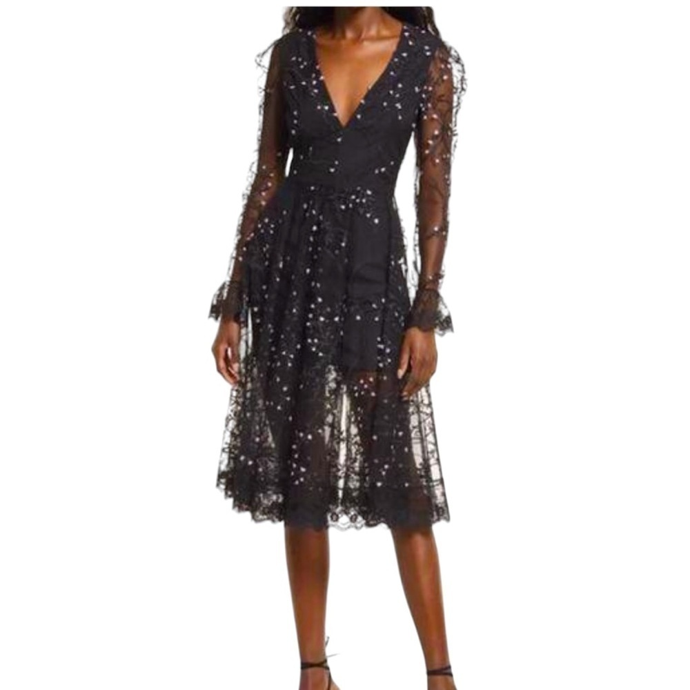 Kelsi Dagger HELSI Ella Dress Long Sleeves Open Back Sheer Plunging Mid…